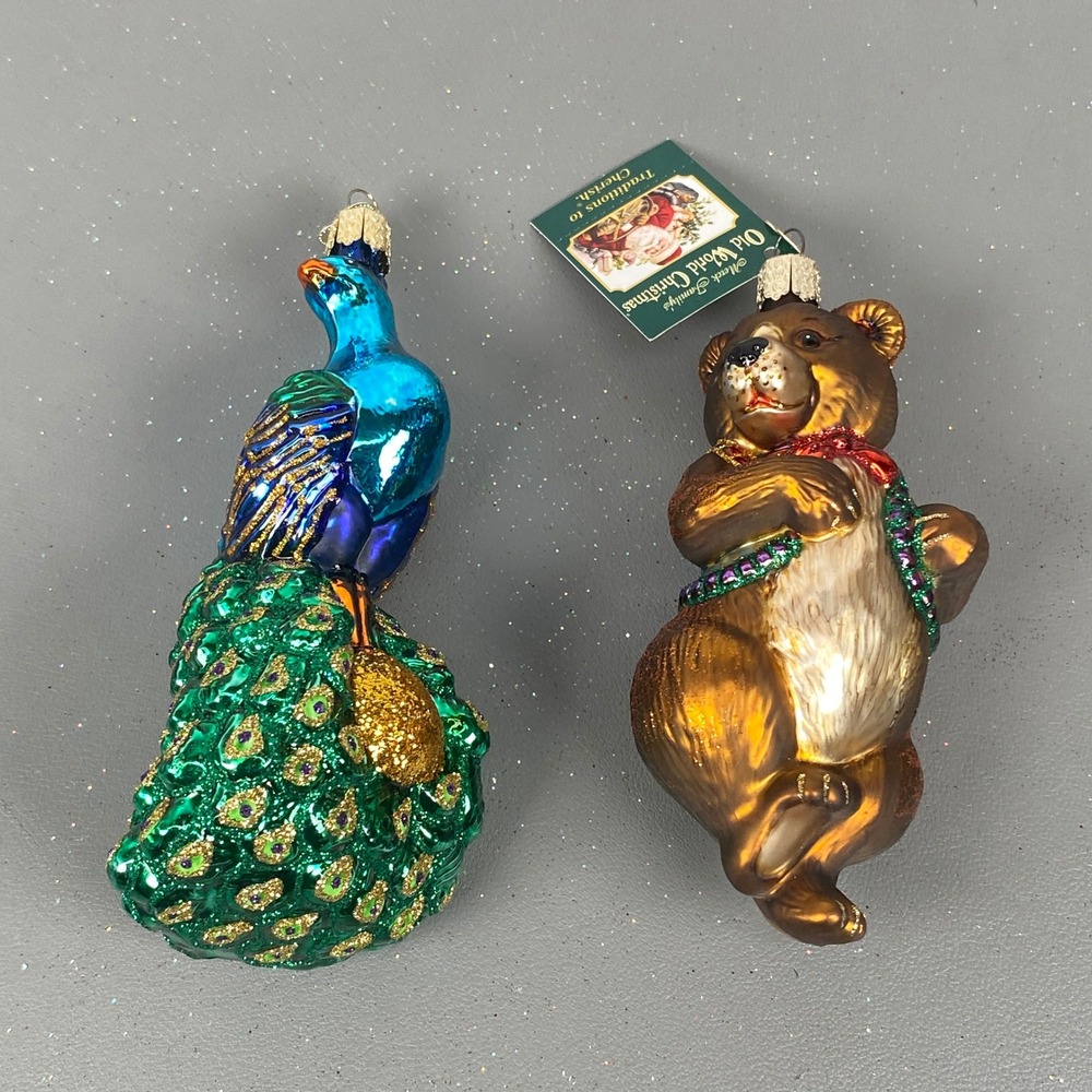 Old World Christmas Glass Holiday Animal Ornaments Peacock & Bear W/ Garland
